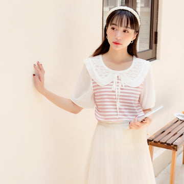 Eyelet Lace Collar Tie Stripe Print Top