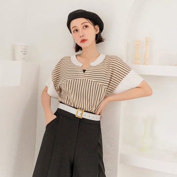 Chiffon Stripe V-Neck Cuffed Sleeve Long Top