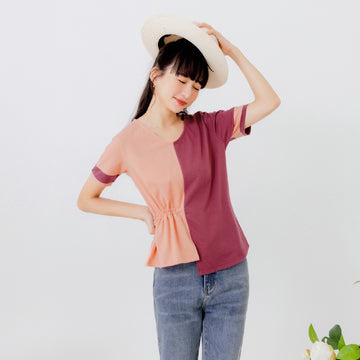 V-Neck Irregular Patchwork Ruched Waist Top
