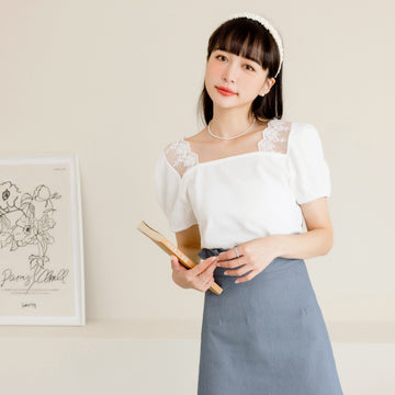 Square Neck Eyelet Lace Patch Puff Sleeve Top