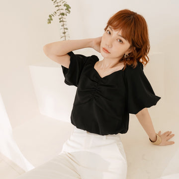 Korean Wrinkle Free Ruched Crop Puff Sleeve Blouse Top