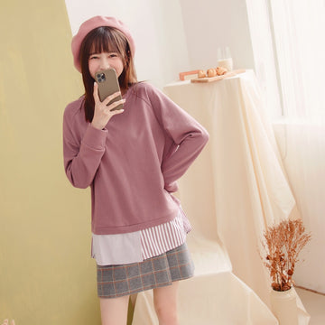 Faux Two Piece Striped Hem Long Uni Sweatshirt Top