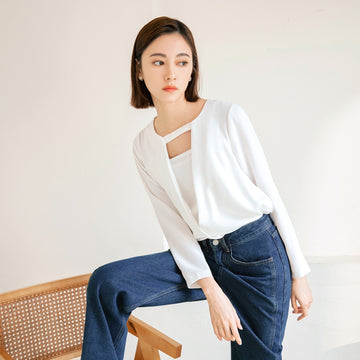 Faux Two-Piece Cross-Over Long Sleeve Top