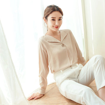 V-Neck Collared Button Long Sleeve Top