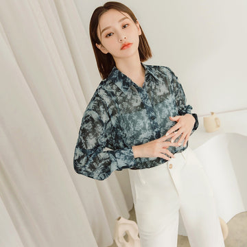 Sheer Floral Print Collar Button Top