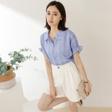 Korean Collar Stripe Short Sleeve Shirt Top