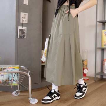Basic Drawstring Pleated Long Maxi Skirt