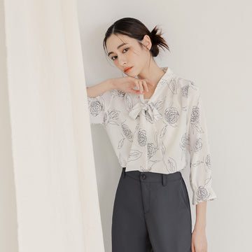 Work Korean Rose Print Front Tie Blouse Top