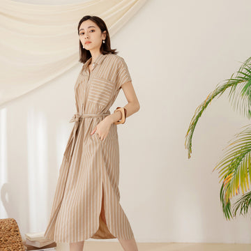 Korean Striped Cotton Belt Long Midi Shirt Dress