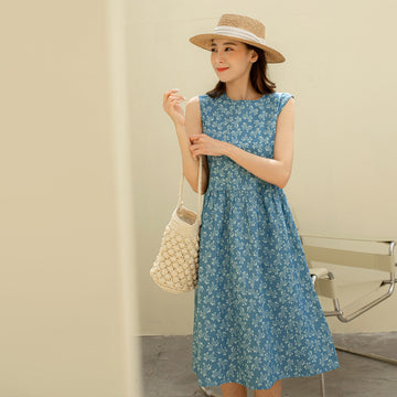 Denim Cotton Floral Print A-Line Summer Dress