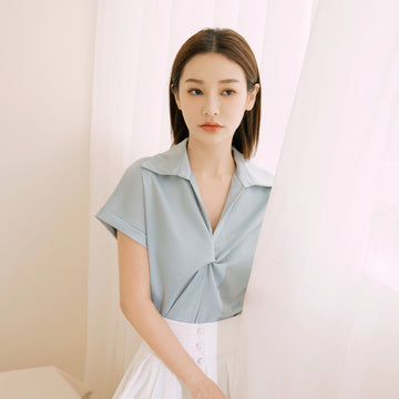 Korean Wrinkle Free Twist Loose Collar Blouse Top