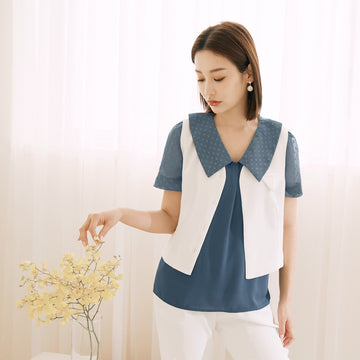 Korean Polka Dots Collar Short Sleeve Chiffon Blouse Top