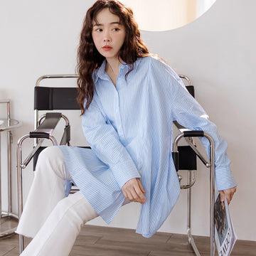 Korean Striped Cotton Long Oversized Shirt Top