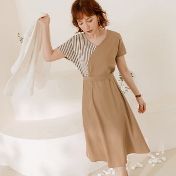 Korean V-Neck Striped Short Sleeve A-Line Midi Dress