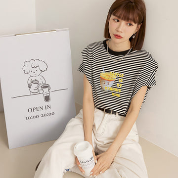 Cute Stripe Loose Coffee Print T-Shirt Tee Top