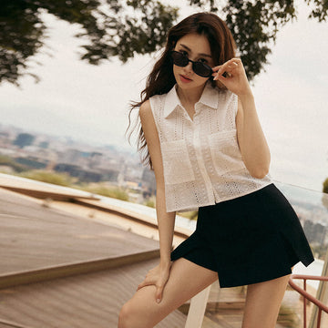 White Eyelet Lace Cotton Sleeveless Shirt Top
