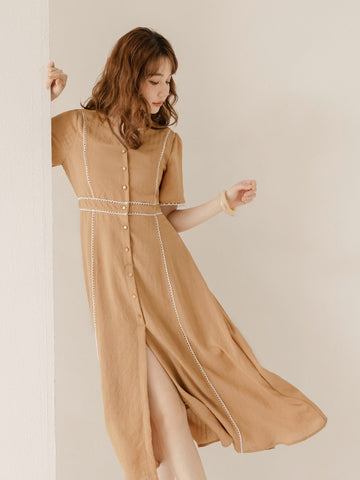 Casual Brown V-Neck Long Button Maxi Party Dress