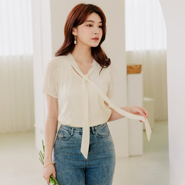Lace Tie Collar Short Sleeve Blouse Top