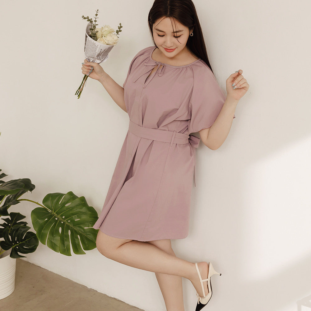 Party Puff Sleeve Ribbon Belt Mini Dress