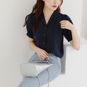 Lapel Collar Puff Sleeve Chiffon Shirt Top