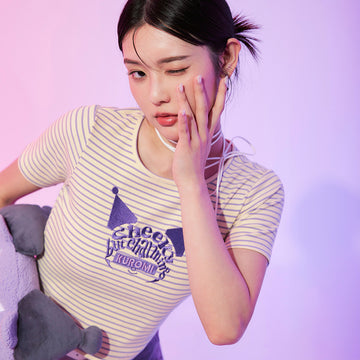 Sanrio Kuromi Short Embroidered Cropped Stripe T-Shirt