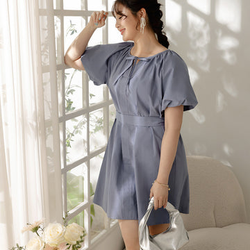 Party Puff Sleeve Ribbon Belt Mini Dress