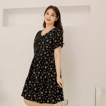 Casual V-Neck Floral Print Button Short Tiered Summer Dress
