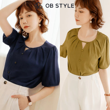 Weekend X Ob Design Women Casual Cutout Button Round Neck Pleated Short Sleeve Shirt Top Plus Size