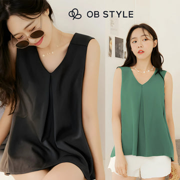 Weekend X Ob Design Women Basic Casual Cooling Chiffon V-Neck Pleated Sleeveless Tank Top Plus Size