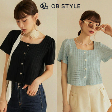 Weekend X Ob Design Women Casual Elegant Square Neck Button Weave Short Sleeve Shirt Top Plus Size