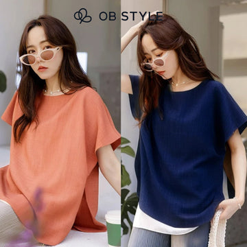 Weekend X Ob Design Women Casual Color Block Layered Loose Short Sleeve Long Tunic Blouse Shirt Top Plus Size