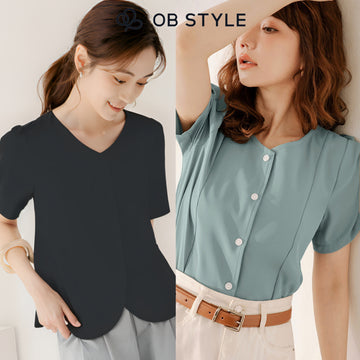 Weekend X Ob Design Women Casual Solid Button Pleated Short Sleeve Shirt Blouse Top Plus Size