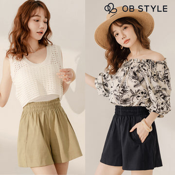 Weekend X Obdesign Women Casual Solid Color Elastic Waist Linen Cotton Pocket Shorts Pants Plus Size