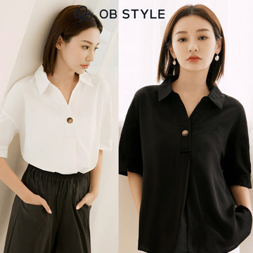 Weekend X Ob Design Women Casual Collar Loose Button Short Sleeve Oversized Shirt Top Plus Size