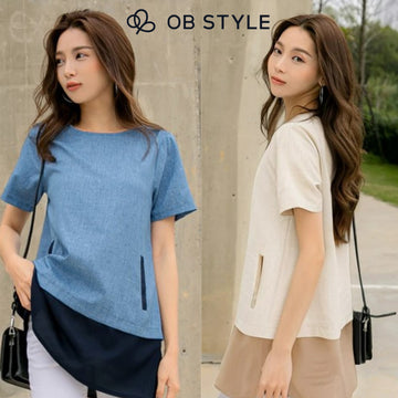 Weekend X Ob Design Women Casual Color Block Long A-Line Pocket Short Sleeve Tunic Blouse Top Plus Size