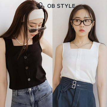 Weekend X Ob Design Women Basic Casual Stretchy Ribbed Button Square Neck Sleeveless Vest Tank Top Plus Size