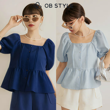 Weekend X Ob Design Women Casual Pleated Button Puff Short Sleeve Peplum Shirt Top Plus Size