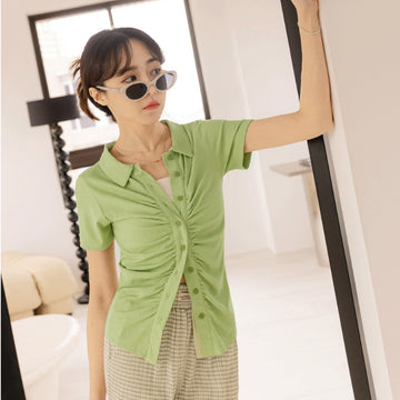 Knit Pleated Bust Collared Short Sleeve Top
