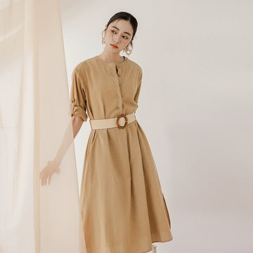 Korean Round Collar Belt Shirt Midi Dress