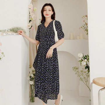 Korean V-Neck Floral Print Chiffon Long Maxi Summer Dress