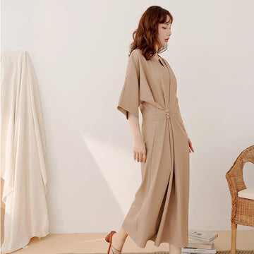 Basic Korean Wrinkle Free Open Collar Long Maxi Dress