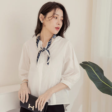Work Open Collar Pleated Cotton Loose Blouse Shirt Top