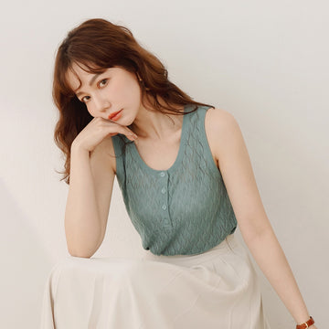 Cotton Knit Button Sleeveless Vest Tank Top