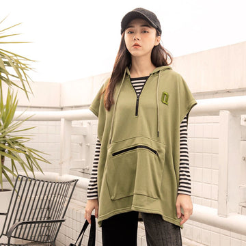 Embroidered Zip-Up Hooded Loose Fit Vest Top