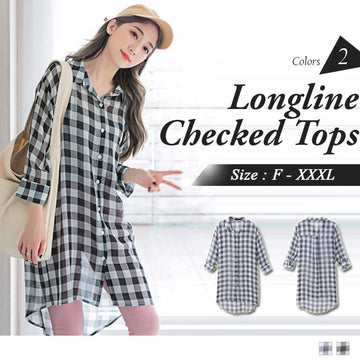 LONG SLEEVE CHIFFON CHECKED LONGLINE TOPS