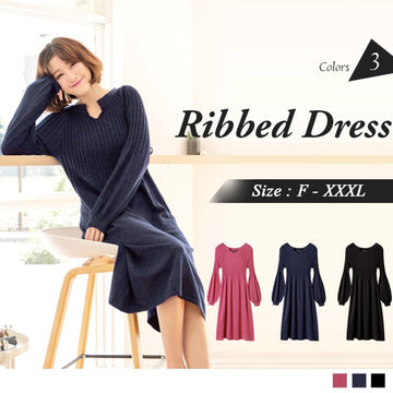 PUFF SLEEVE V-NECK RIBBED DRESS