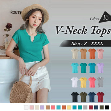 STRETCH RIBBED V-NECK SHORT SLEEVE TOPS