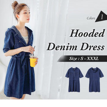 SHORT SLEEVE BUCKLE HOODED DENIM DRESS