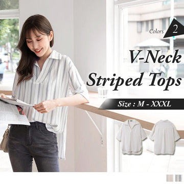 SHORT SLEEVE V-NECK CHIFFON STRIPED TOPS