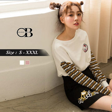 STRIPED SLEEVE KITTY PRINTED TOPS